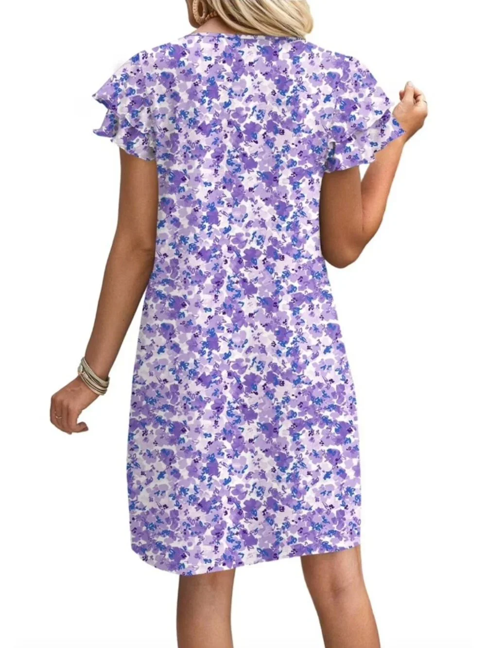 Purple Floral Print Short Ruffle Sleeve Shift Dress Size L Pockets Soft Knit